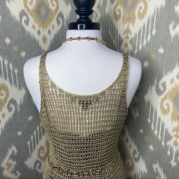 Ralph Lauren Gold Lame Open Hand Knit Mesh Sleeveless Scoop-neck Tank Sweater - Picture 5 of 16